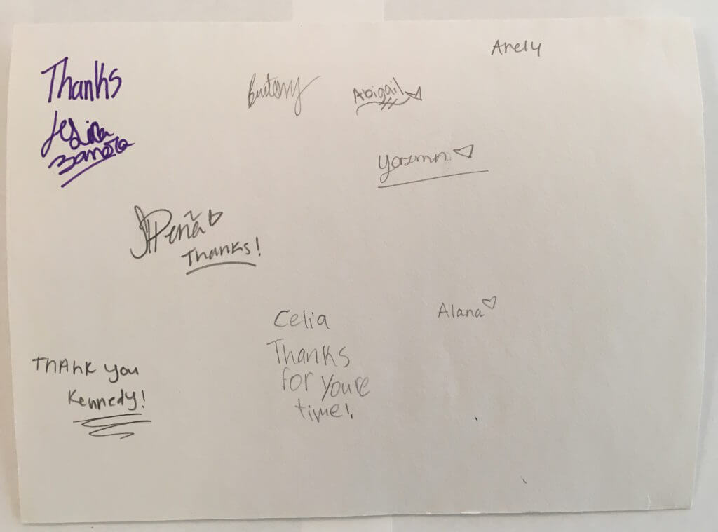 Signatures and thank you from students