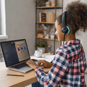 Girl enjoying coding camp.