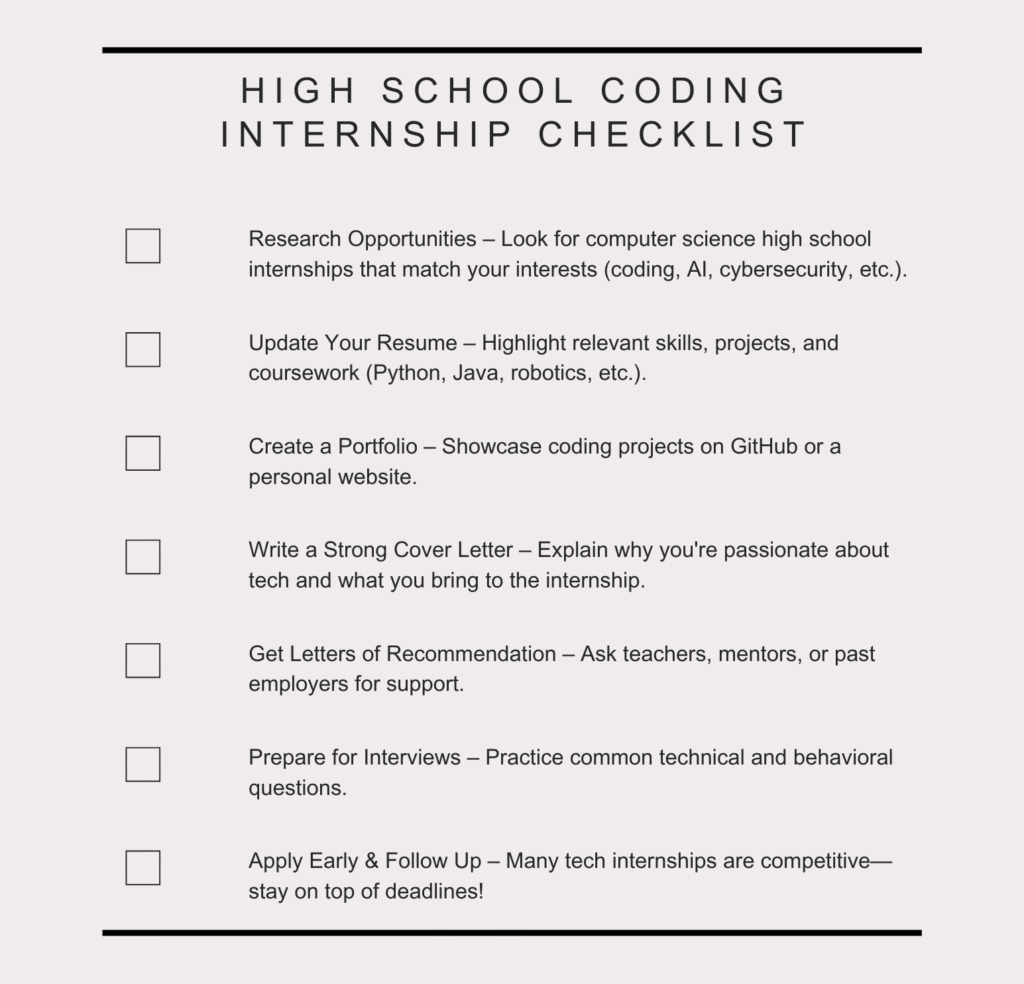 High school coding internship checklist
