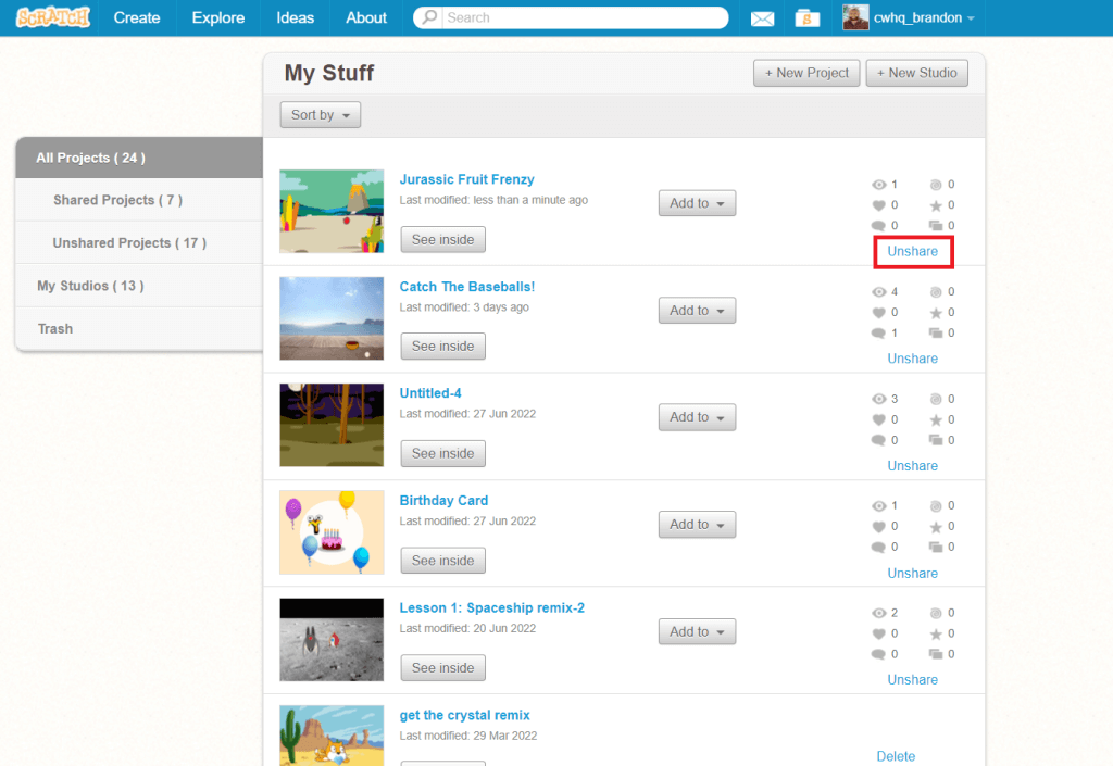 unshare a scratch project